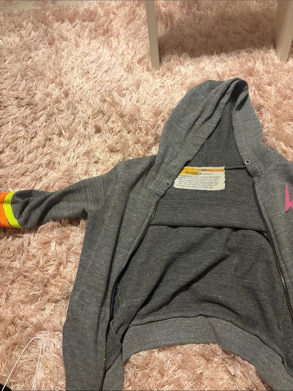 Aviator Nation Kids' Gray Zip Hoodie with Neon Sleeve Stripes
